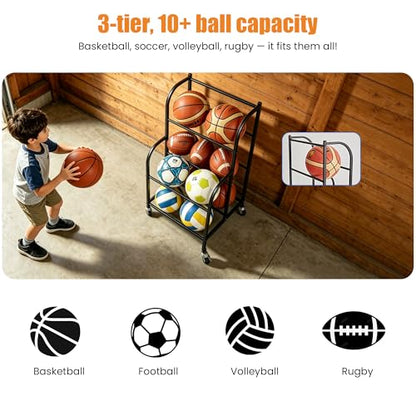 Basketball Rack with Wheels - Space-Saving Vertical Ball Storage for Basketball, Football, Soccer, Rolling Ball Rack for Garage & Outdoor, Heavy-Duty Ball Holder Organizer