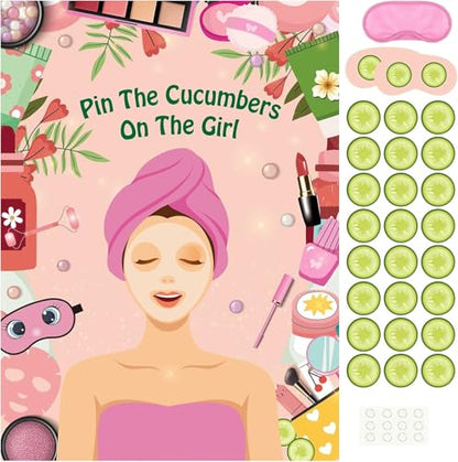 PLULON Spa Party Game for Girls Party, Pin The Cucumber on The Girl Spa Game Poster for Kids Girl Spa Birthday Makeup Sleepover Slumber Party Supplies Women Party Decor - style: Spa