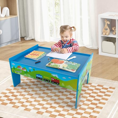 Costzon Train Table, 80 Pcs, Wooden Kids Activity Table Playset with Reversible & Detachable Tabletop, Solid Wood Tracks, Train, Railway, City, DIY Design, Gift for Boys & Girls, Multi-Color - size: 32.5" x 23.5" x 16" (L x W x H)