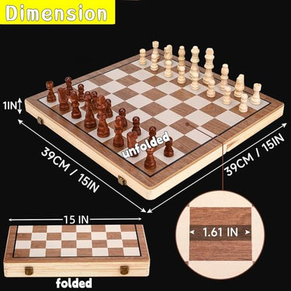 Chess Board Sets, 15 Inch Magnetic Chess Set for Adults & Kids, Checkers Board Game, Handmade Folding Chess Boards with 2 Extra Queens by Kiapeak