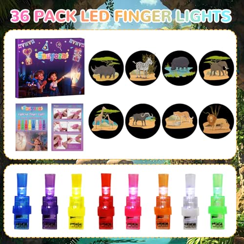 36 Pack Safari Party Favors LED Finger Lights, Glow in the Dark Jungle Animal Birthday Party Supplies, Goodie Bag Stuffers Classroom Treasure Box Prizes for Kids - style: Wildlife