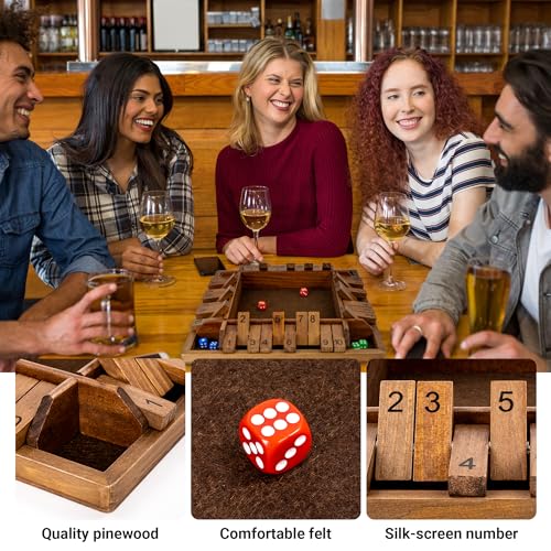 ropoda 14 Inches 4-Way Shut The Box Game (2-4 Players) for Kids & Adults (4 Sided Large Shut the Board Game Wooden, 8 Dice) – Vintage Style,Close the Box Game,dice Game