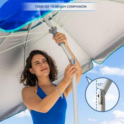 AMMSUN 7ft Heavy Duty HIGH Wind Beach Umbrella with sand anchor & Tilt pole Sun Shelter, UV 50+ Protection Outdoor Sunshade Umbrella with Carry Bag for Patio Garden Beach Pool Backyard Blue - color: Solid Blue