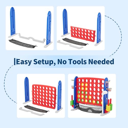 Giant 4-in-a-Row Game Set, Whale Design 4-in-1 with Basketball Hoop, Golf, Ring Toss, 42 Jumbo Rings, Adjustable Height, Quick-Release Catch Net - Outdoor Play for Kids & Adults