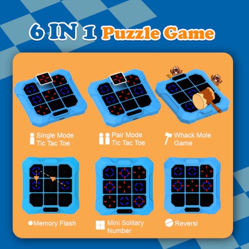Electronic Tic Tac Toe Game for Kids: 6-in-1 Sensory Toy Age 6-12 Boys Girl | Travel Tic Tac Toe Toys Mute & Rechargeable - Handheld Board Game for Kids Ages 4+ Adults Family - Christmas Birthday Gift