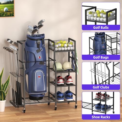 Golf Bag Stand Storage Rack with Wheels, Organizer for Golf Bags and Golf Equipment&Accessories,Ideal for Garage, Home, Golf Clubs