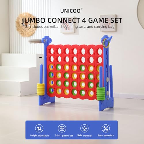 UNICOO Jumbo 4-in-a-Row Game Set, Height Adjustable Indoor Outdoor Yard Game with Basketball Hoop, Ring Toss & Carrying Bag, Family Party Lawn Game for Kids and Adults - color: Red & Blue