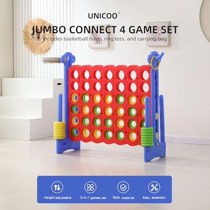 UNICOO Jumbo 4-in-a-Row Game Set, Height Adjustable Indoor Outdoor Yard Game with Basketball Hoop, Ring Toss & Carrying Bag, Family Party Lawn Game for Kids and Adults - color: Red & Blue