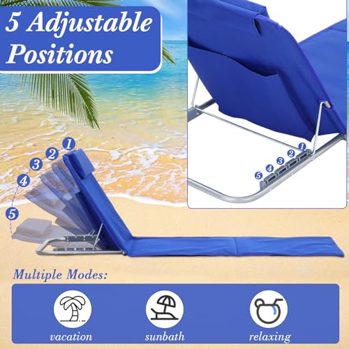 Beeveer 4 Pack Beach Lounge Chaise Chairs with 2 Folding Side Tables Portable Tanning Chair 5 Position Adjustable Lightweight for Sunbathing, Outdoor Yard, Lawn,Camping(Deep Blue)