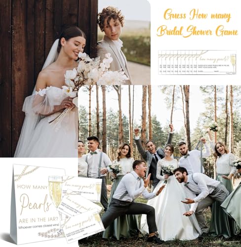 Guess How Many Cards, Guess How Many Pearls Are in the Jar, Party Games & Activities, Pearls Bridal Shower Decorations, 50 Cards and Sign - size: 5 x 7 inches