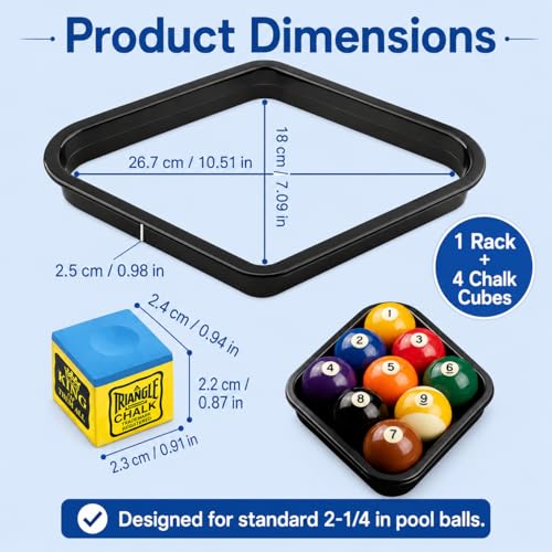 Black 9 Ball Triangle Rack with 4 Chalk Cubes, Standard 2-1/4" Pool Ball Diamond Rack Set, Durable Plastic Billiard Ball Rack and Premium Low-Dust Billiard Chalk, Complete Pool Table Accessories Kit