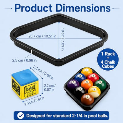 Black 9 Ball Triangle Rack with 4 Chalk Cubes, Standard 2-1/4" Pool Ball Diamond Rack Set, Durable Plastic Billiard Ball Rack and Premium Low-Dust Billiard Chalk, Complete Pool Table Accessories Kit