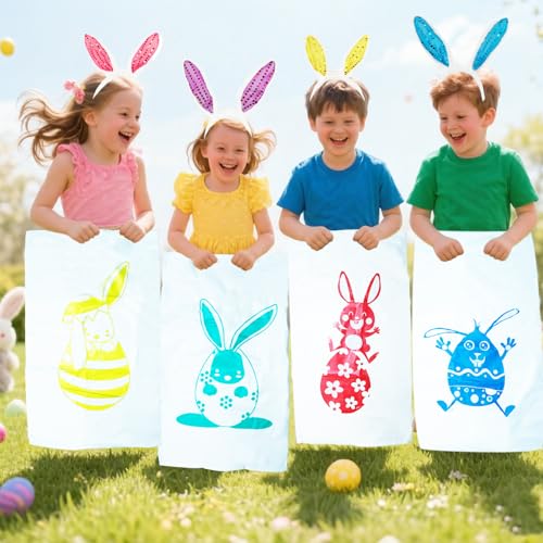 27 Pack Easter Outdoor Party Games for Kids, 4 Bunny Potato Sack Race Jumping Bags, 4 Egg and Spoon Games, Toss Banner and 4 Bean Bags, Legged Relay Race Bands, Easter Games Prizes Supplies