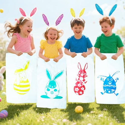 27 Pack Easter Outdoor Party Games for Kids, 4 Bunny Potato Sack Race Jumping Bags, 4 Egg and Spoon Games, Toss Banner and 4 Bean Bags, Legged Relay Race Bands, Easter Games Prizes Supplies