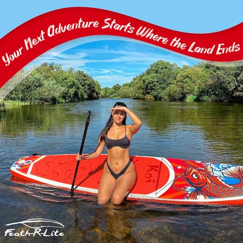 FEATH-R-LITE Inflatable Paddle Board Stand Up Paddleboards for Adults SUP with Premium Accessories Pump, Adjustable Paddle, Leash, Three Fins, Backpack - style: Red Koi