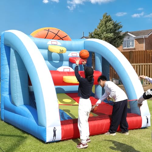 Inflatable Basketball Hoop with Built-in Blower, 9.8x9.8x9.8FT Quick-Inflate Carnival Game, Portable Basketball Shot with 4 Balls & 5 Hoops, Outdoor Indoor Backyard Party Games for Kids Adults