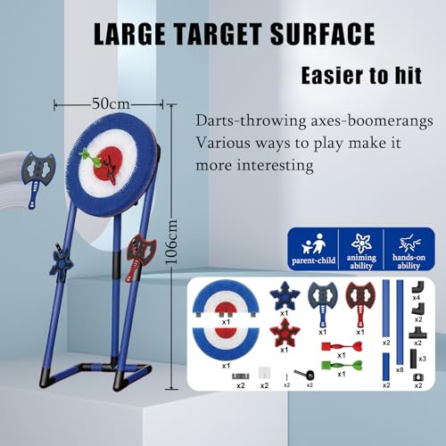 Axe Throwing & Lawn Dart Game Set with 6 Darts (2 Axes+2 Six-Star + 2 Throwing), Foldable Frame, Backyard, Camping, Games, Indoor/Outdoor Fun for Kids & Adults Blue-Round