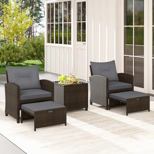 Tangkula 5 Pieces Patio Conversation Set, PE Wicker Rattan Outdoor Furniture Set with 2 Chairs, 2 Ottomans & Tempered Glass Coffee Table, Ideal for Poolside, Backyard, Lawn, Deck, Mix Brown & Grey - color: Mix Brown & Grey