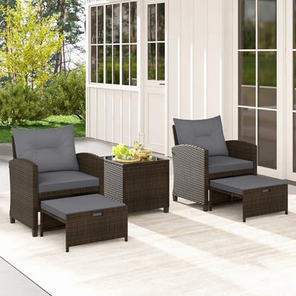 Tangkula 5 Pieces Patio Conversation Set, PE Wicker Rattan Outdoor Furniture Set with 2 Chairs, 2 Ottomans & Tempered Glass Coffee Table, Ideal for Poolside, Backyard, Lawn, Deck, Mix Brown & Grey - color: Mix Brown & Grey