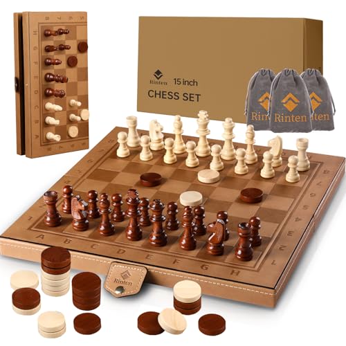 15" Magnetic Chess Set & Checkers Set 2 in 1，Rinten Leather Portable Travel Chess Board Game Sets with Velvet Bag Packaging Beginner Large Chess Set for Kids and Adults - color: Brown, size: 15 inch