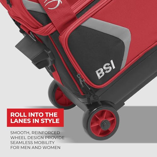 BSI Dash Roller Bowling Bag with Smooth Rolling Wheels, Padded Ball Compartment, Retractable Locking Handle, & Shoe Pocket - color: Black/Red/Gray, style: Single