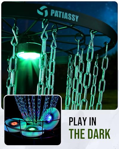 Disc Golf Basket with 24/12 Heavy Duty Chains, Disc Golf Target with Adjustable Height/Sound Reducer & Remote LED Light & Light Up Discs, Durable Practice Goal with Ground Stake for Backyard