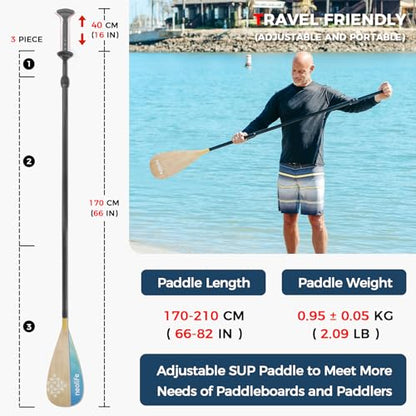 SUP Paddleboard Paddle with Carbon Fiber Shaft and Enhanced PP Blade, Adjustable Stand Up Paddle Board Paddle, 66-82" (170-210 cm), Bamboo Pattern Series - color: Bamboo&Geen Wave Pattern