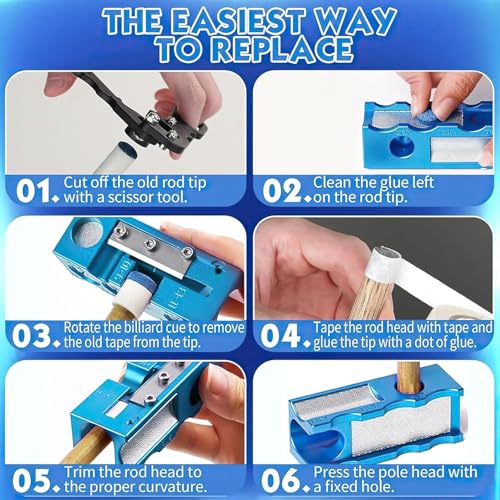 11-in-1 Pool Cue Tip Repair kit, Professional All-in-One Pool Stick Tip Tool for Shaping, Replacement, Maintenance. Tips Shaper & Scuffer kit, Pool Cue Trimmer (Blue Aluminum)