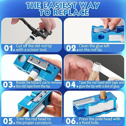 11-in-1 Pool Cue Tip Repair kit, Professional All-in-One Pool Stick Tip Tool for Shaping, Replacement, Maintenance. Tips Shaper & Scuffer kit, Pool Cue Trimmer (Blue Aluminum)