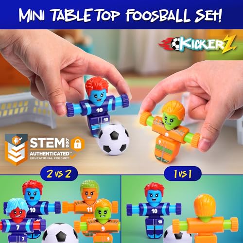 Power Your Fun KickerZ Soccer Fidgets Game Set- 8pc Tabletop Soccer Mini Fidget Toys with 4 Players, 2 Goals, 2 Balls, Foosball Spinner Fidget for Kids Teens Adults Sensory Toy Multiplayer Travel Game