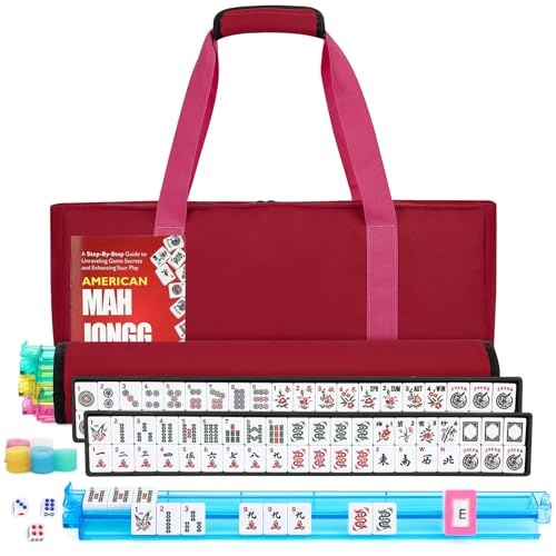 American Mahjong Tile Set,166 White Tiles Mahjong Set,4 Colors Mahjong Racks,Travel Mahjong Set with Red Carrying Bag - style: Red Bag