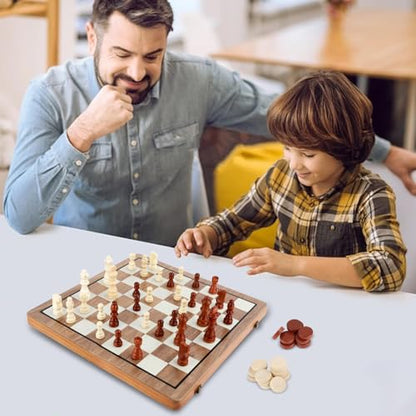 MerryPony 2 in 1 Magnetic Wooden Chess and Checkers Set, 15" Foldable Chess set for Adults & Kids, Chess Board with 2 Extra Queens, Travel Chess Set with Pieces Storage Slots, Ideal Chess for Beginner