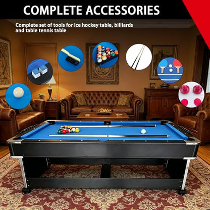 Pool Table Dining Table Combo with Ping Pong & Air Hockey Table, 7ft 4-in-1 Multi Game Table, Convertible Billiard Table for Adults Outdoor/Indoor - color: Blue