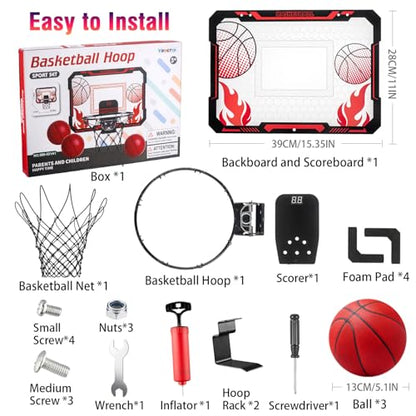 Indoor Basketball Hoop for Kids with Scoreboard Over the Door Basketball Hoop with 3 Balls Basketball Toys Gifts for 5 6 7 8 9 10 11 Years Old Boys Girls Mini Hoop for Bedroom and Birthday/Christmas - style: Red