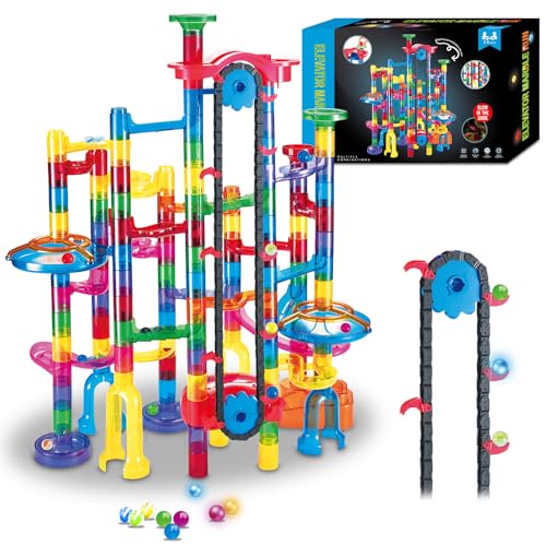 Tucrae 224 PCS Marble Runs Toys with Automatic Elevator Glowing Marble Maze Building Set STEM Puzzle Toys for 3 4 5+ Boys & Girls Children's Day, Christmas Easter Gifts(Containing 60 Marbles)