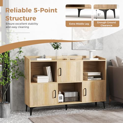 LOKO 47” Wide Storage Cabinet, Large Bookcase with 3 Door Cabinets & Open Shelves, Wood Buffet Cabinet, Sideboard with Anti-tip Kits, Freestanding Storage Cabinet for Living Room, Dining Room