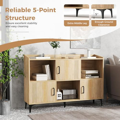 LOKO 47” Wide Storage Cabinet, Large Bookcase with 3 Door Cabinets & Open Shelves, Wood Buffet Cabinet, Sideboard with Anti-tip Kits, Freestanding Storage Cabinet for Living Room, Dining Room