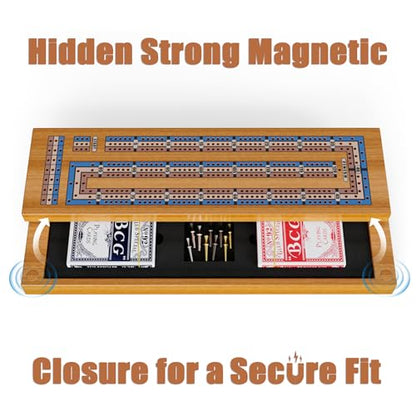 Wooden Cribbage Board Game Set – Continuous 3-Track Cribbage Board with Magnetic Lock & Large Storage, 9 Metal Pegs and 2 Decks of Cards – Portable Strategy Game for Travel & Game Nights - style: Classic