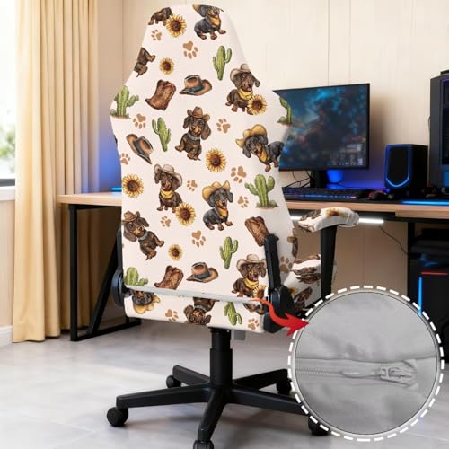 Suobstales Dachshund Paw Sunflower Cactus Cowboy Pattern Gaming Chair Cover, Stretchy 4pc/Set Ergonomic Office Computer Game Chair Slipcovers with Armrest Covers/Back Covers/Seat Cover - color: Dachshund Paw Sunflower Cactus Cowboy