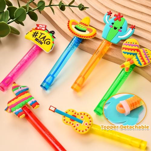 Winrayk Cinco de Mayo Party Favors, 24Pcs Fiesta Mexican Mini Bubble Wands for Kids Bubbles Bulk with Detachable Topper, 6 Styles & Colors (Taco Maraca Llama Cactus Guitar Sombrero), Goody Bag Stuffer - style: Cinco de Mayo