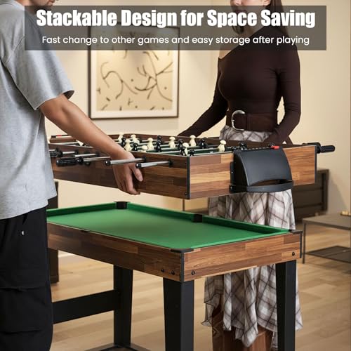 GYMAX Multi Game Table, 10 in 1 Combo Game Table w/Foosball Table, Hockey, Pool Table, Ping Pong, Shuffleboard, Bowling & 4 Board Games, Game Tables for Game Room, Home, Family - color: Wood Grain