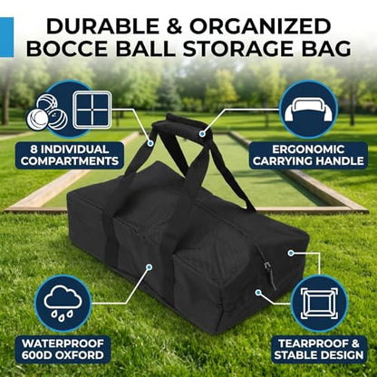 Bocce Storage Bag with 8 Compartments, Portable Carry Bag for Lawn Beach Yard Outdoor Game Set