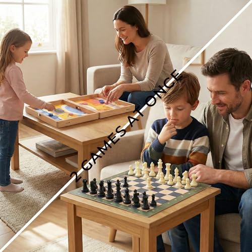 5-in-1 Magnetic Wooden Board Game Set, Premium Beech Wood Frame Family Game Center for Kids & Adults