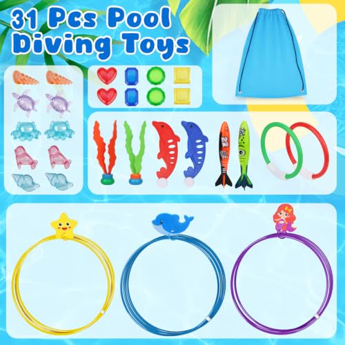 Airyard Pool Toys Diving Rings for Kids 31 PCS Underwater Swim Rings and Diving Game Set Fun Pool Game Backyard Summer Water Toys for Birthday Party Toddlers Kids Teens Adults
