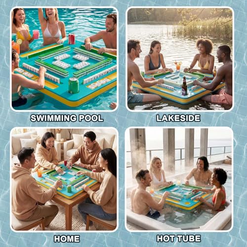 Floating Mahjong Table for Pool - 33.5in Foldable Water Game Table for Card Games & Tile Games - Portable Swimming Pool and Hot Tub Float Board Game Tray for Adults, Domino Floater Table (Blue)