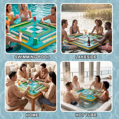 Floating Mahjong Table for Pool - 33.5in Foldable Water Game Table for Card Games & Tile Games - Portable Swimming Pool and Hot Tub Float Board Game Tray for Adults, Domino Floater Table (Blue)