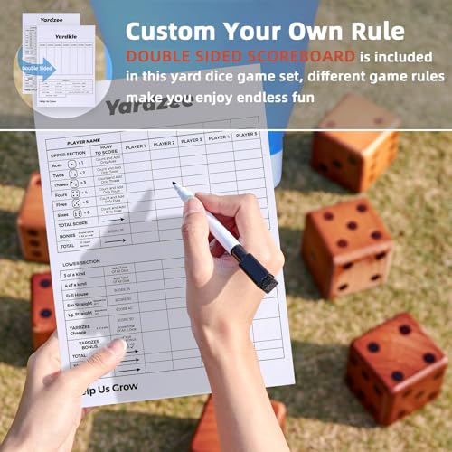 SpeedArmis 3.5" Giant Wooden Yard Dice Set - Large Lawn Yatzee with Scoreboard - Outdoor Beach Backyard Games for Adults Family (Including Collapsible Bucket)