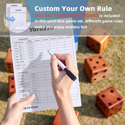 SpeedArmis 3.5" Giant Wooden Yard Dice Set - Large Lawn Yatzee with Scoreboard - Outdoor Beach Backyard Games for Adults Family (Including Collapsible Bucket)