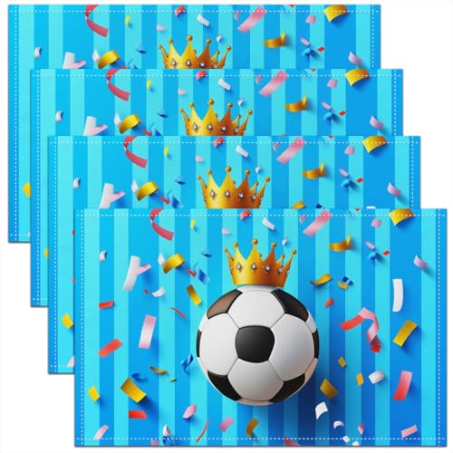 Soccer Kids Placemats Set of 4,Ball Sport Games Competition Table Place Mats,Stripe Geometric Honeycomb Hexagon Kitchen Decor,Royal Blue Placemat Kitchen Table Decoration 12"x18" - color: Royal Blue