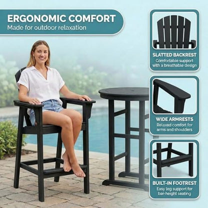 Patio Bar Tables Set of 3, HDPE Outdoor High Top Table and Chairs Set Height Table Chairs Adirondack Bar Set for Garden, Backyard, Yard, Pool, Balcony, Black - color: Ø31.1" Bar Set of 3, Black